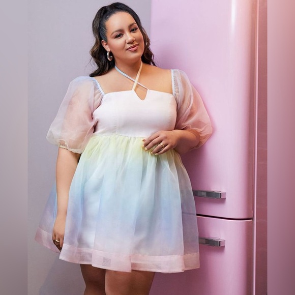 Eloquii Ombre Pastel Rainbow Mini Dress Sheer Babydoll Unicorn Spring Sz 20 - Picture 1 of 12